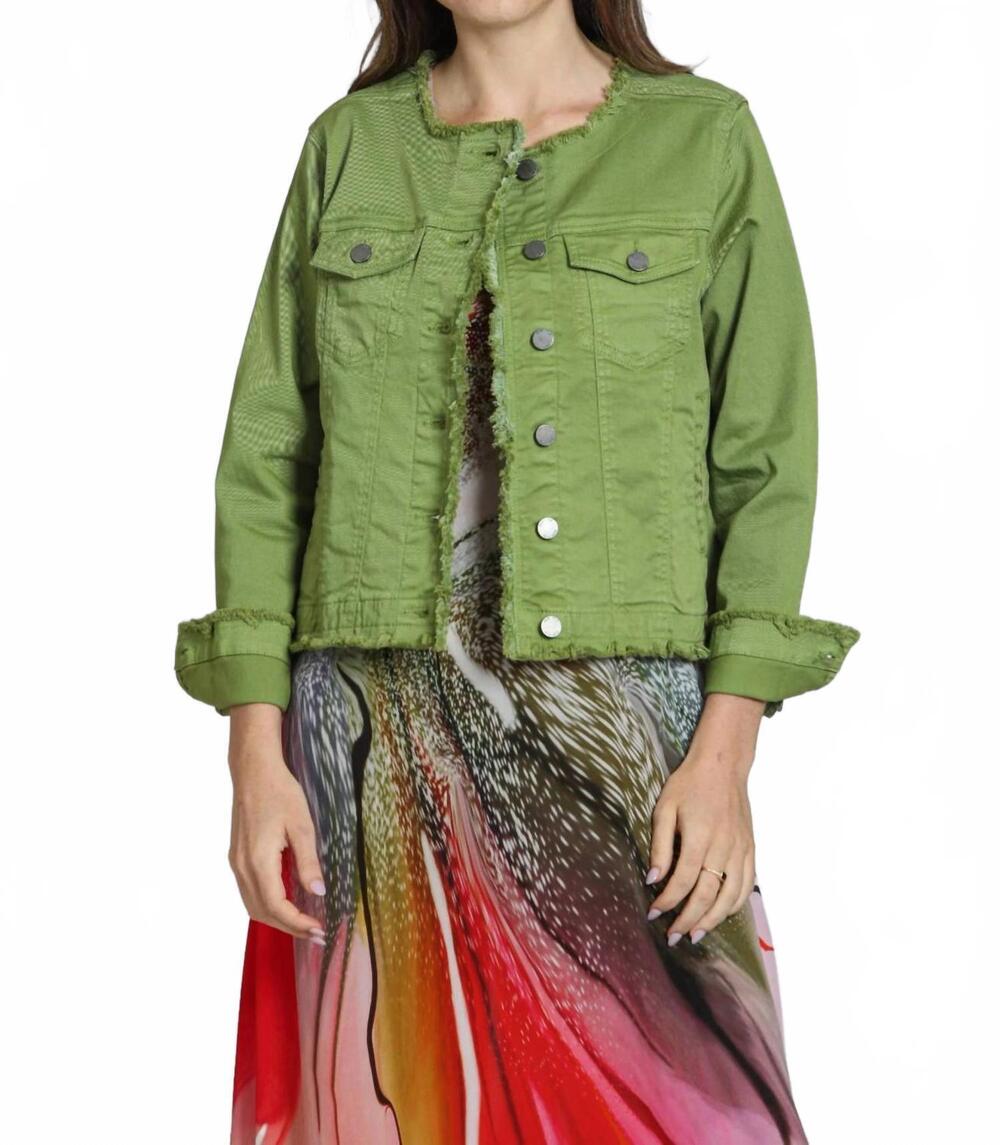 NEW APNY collarless jean jacket with frayed detail in turtle green